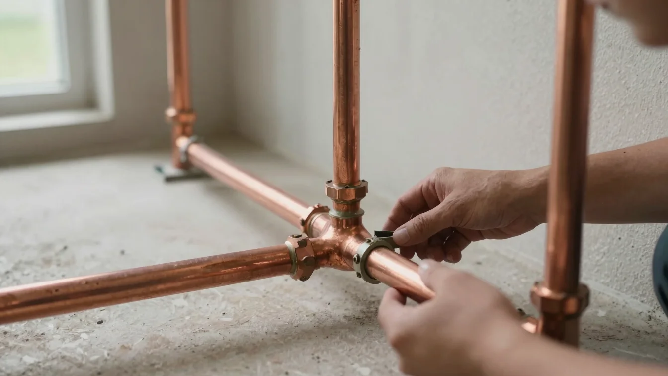 Clear detail shot of copper pipework being fitted by hands in a b