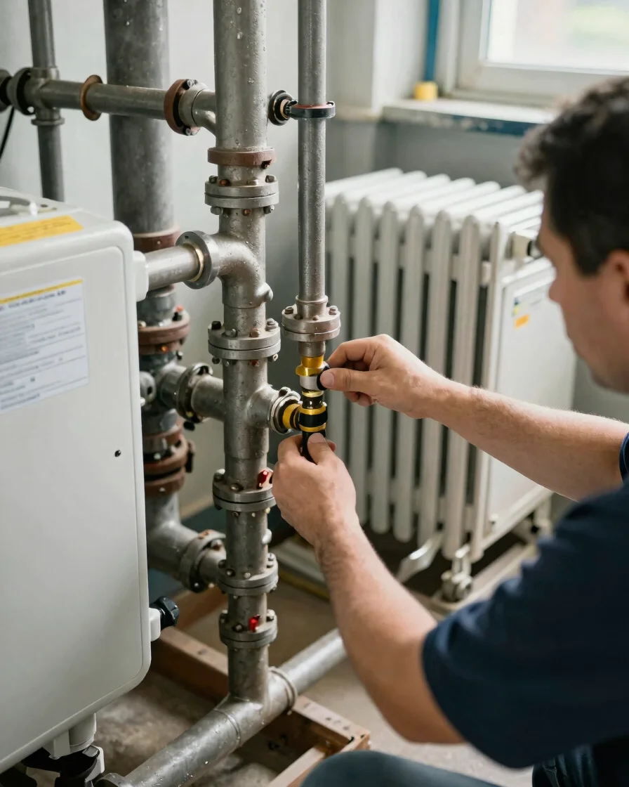 Hands at work connecting pipework to a heating unit in a mechanical room, clean natural worksite daylight, crisp detail,
