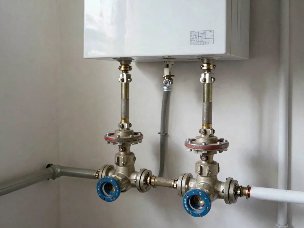 Close detail shot of a gas heating unit with pipework and valves