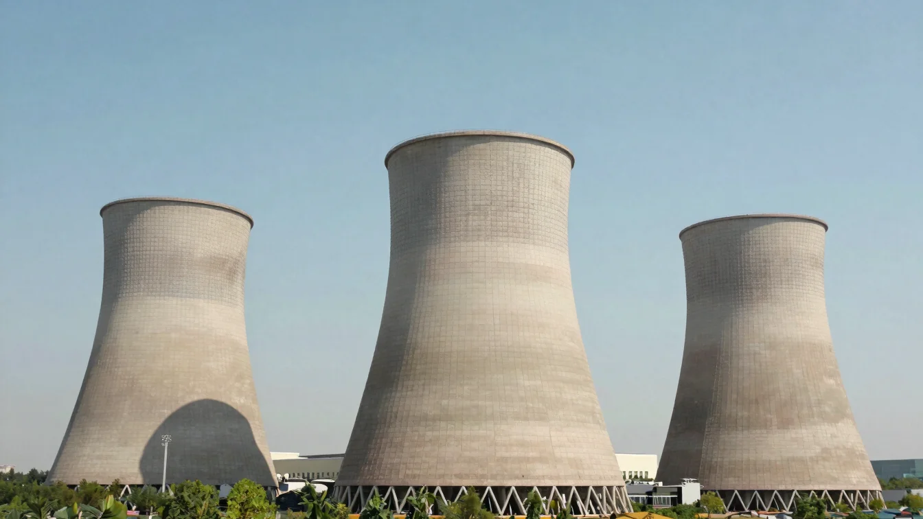 Wide environmental view of a cooling tower beside a building on a