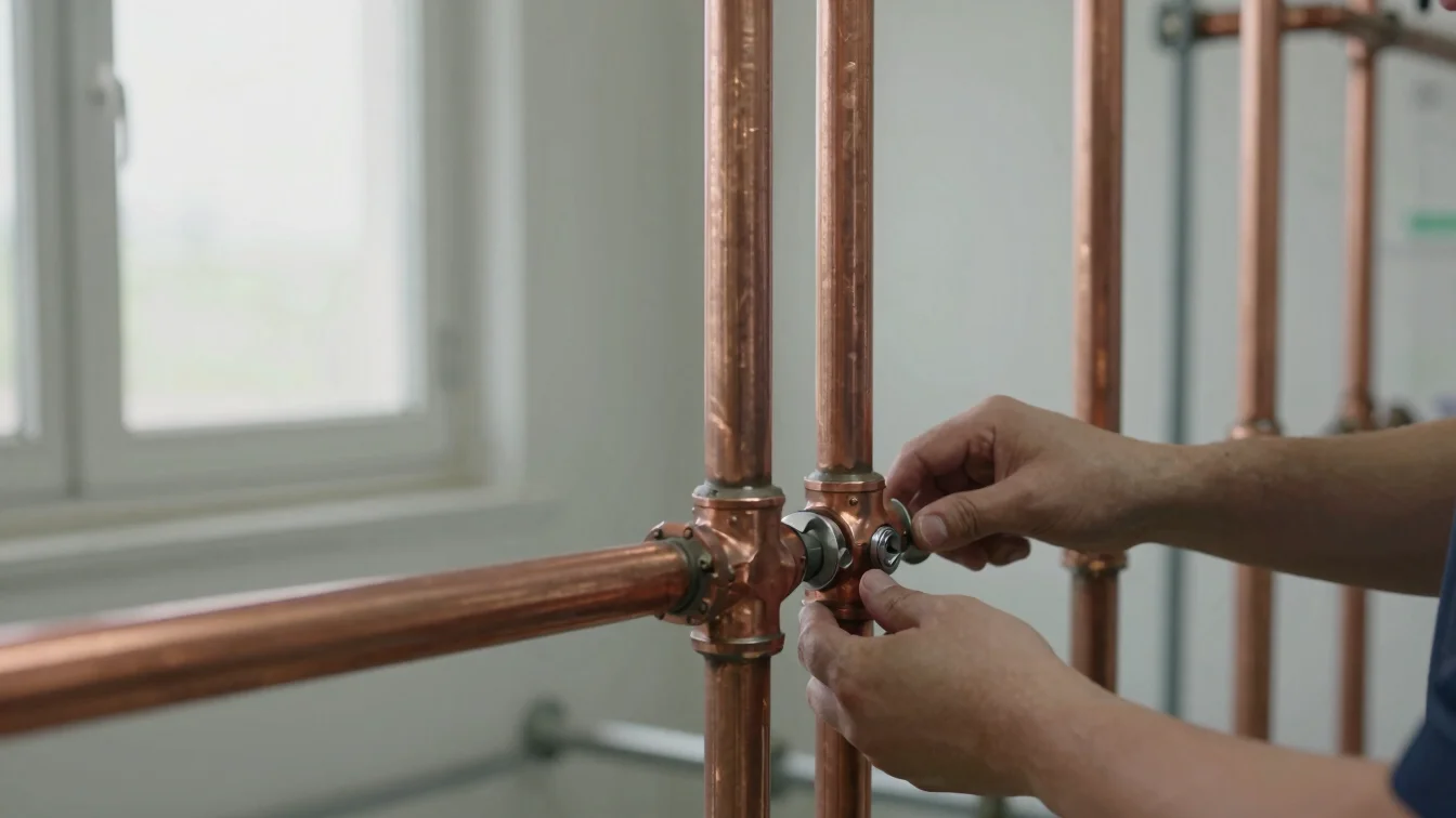 Close detail of copper pipework being fitted and joined by hands