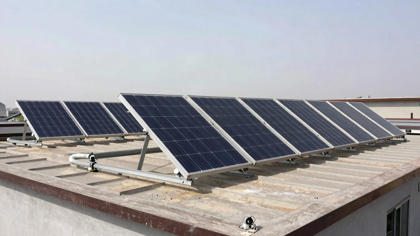 Wide view of non-electric solar thermal collectors mounted on a r