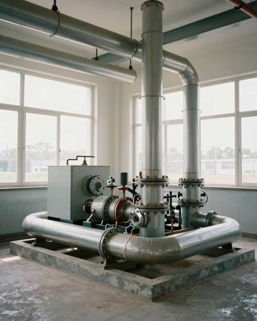 Wide environmental documentary photograph of a furnace and pipewo